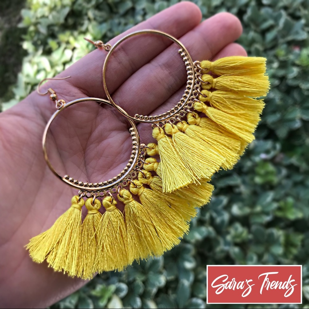 Gorgeous Yellow Hoop Tassel Earrings